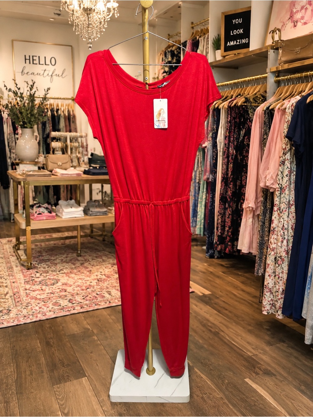 Relaxed Red Short-Sleeve Jumpsuit with Drawstring Waist
